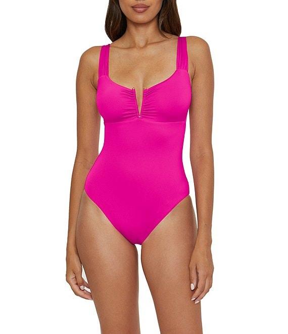 Becca By Rebecca Virtue Color Code V-Wire Neck Shirred Front One Piece Swimsuit Product Image