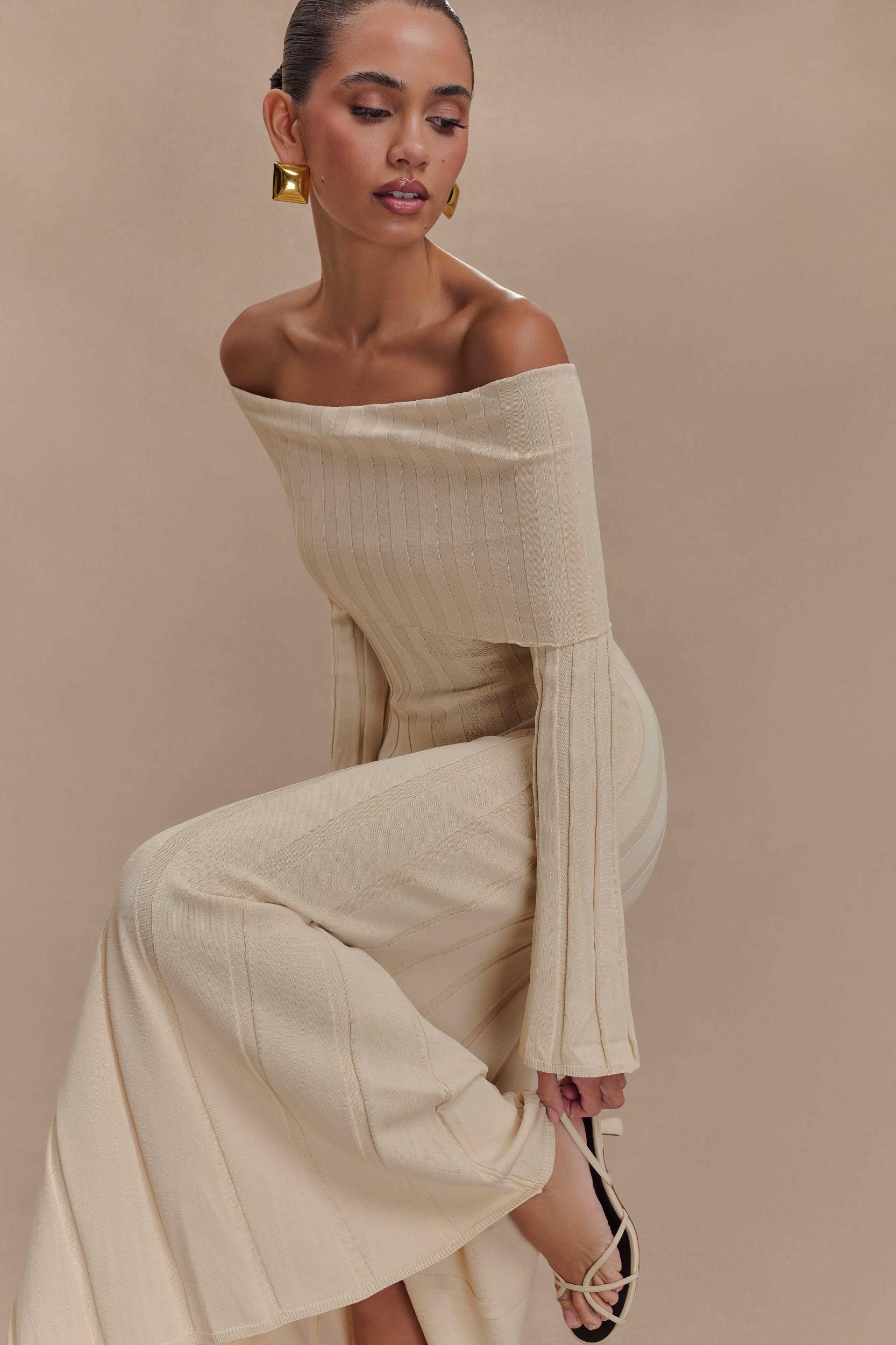 Alonza Long Sleeve Knit Midi Dress - Cream Product Image