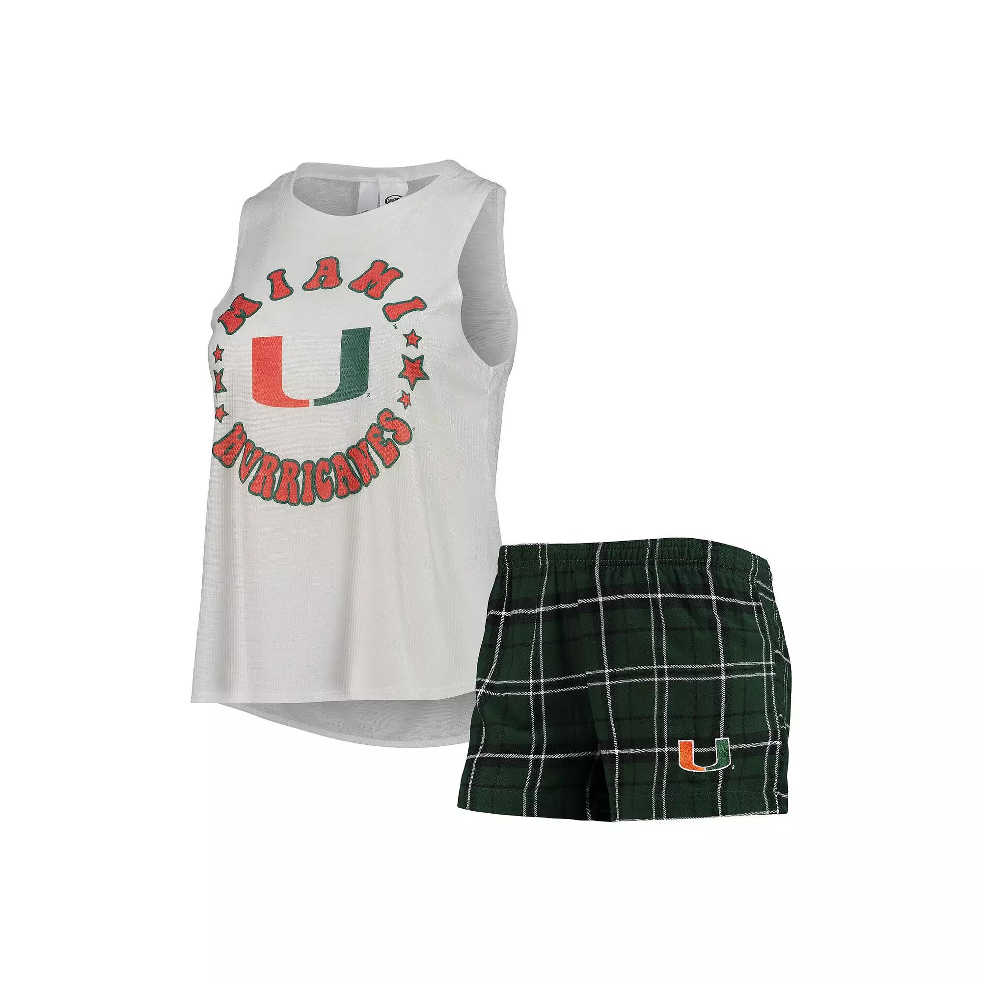 Women's Concepts Sport Green/White Miami Hurricanes Ultimate Flannel Tank Top & Shorts Sleep Set, Size: Large Product Image