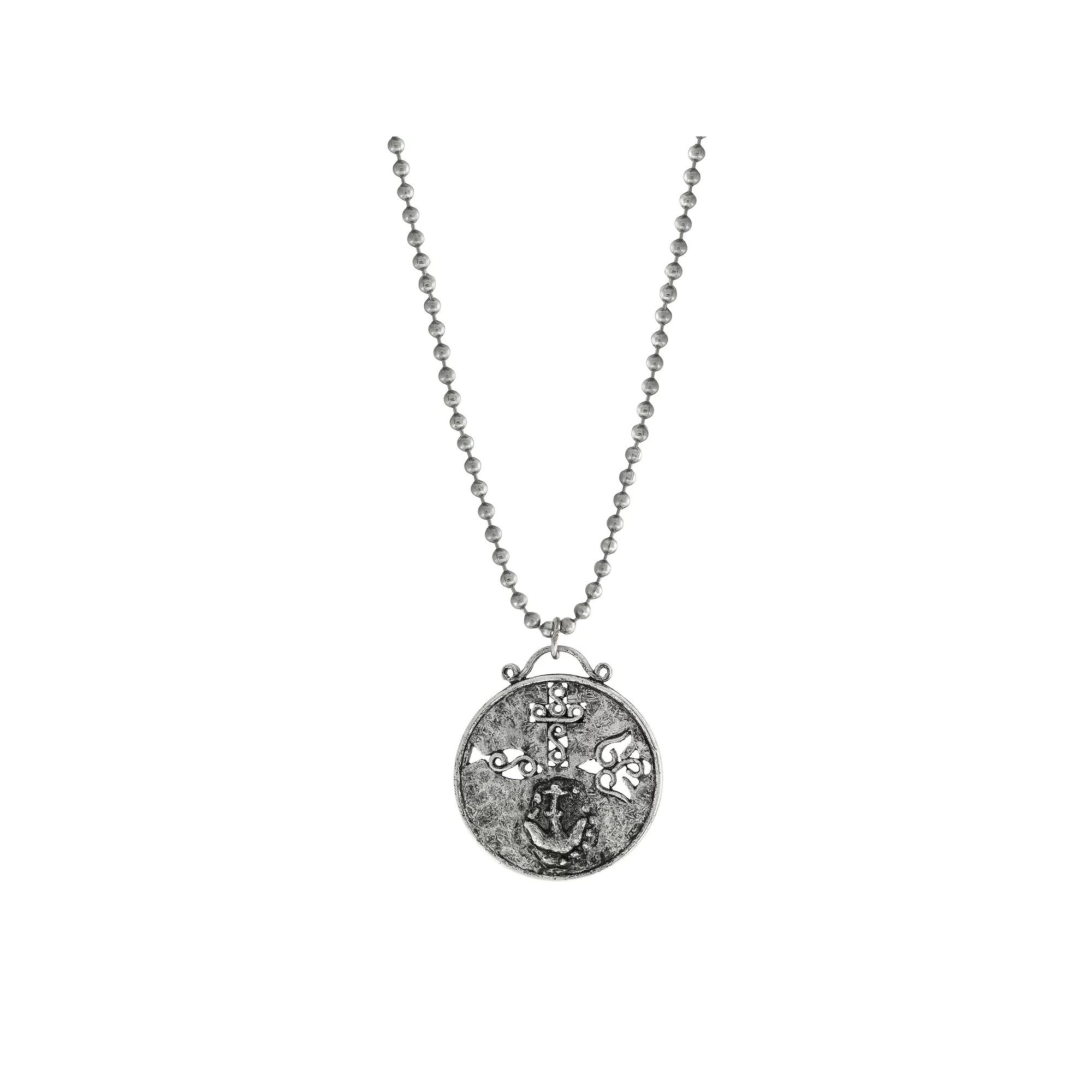 Symbols of Faith Silver Tone Pewter Christian Medallion with Cross Pendant Necklace, Womens Product Image