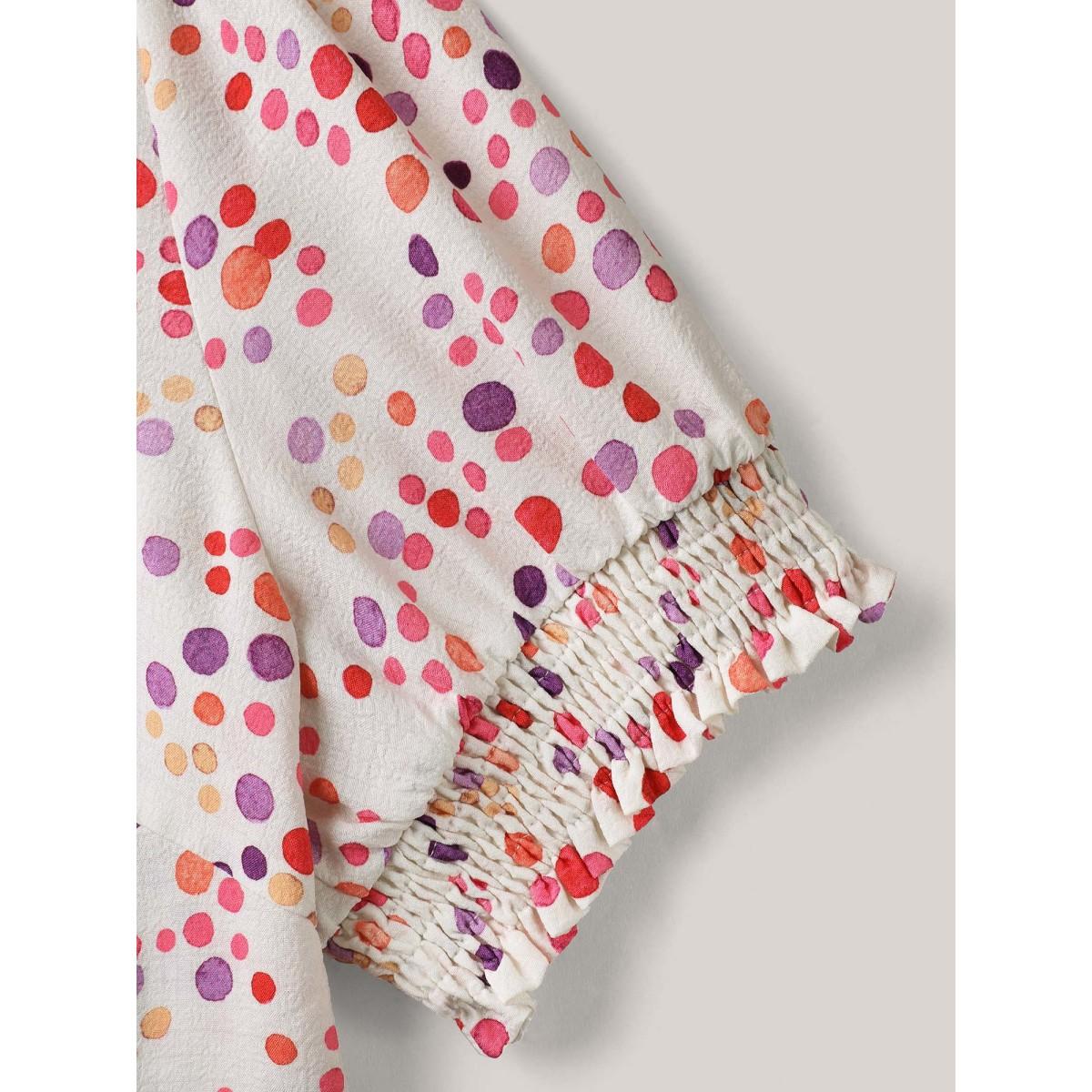 Plus Size Ivory Pretty Polka Dots Shirred Sleeve Shirt Women Short sleeve Notched collar Elegant Blouses BloomChic 14-16/1X Product Image