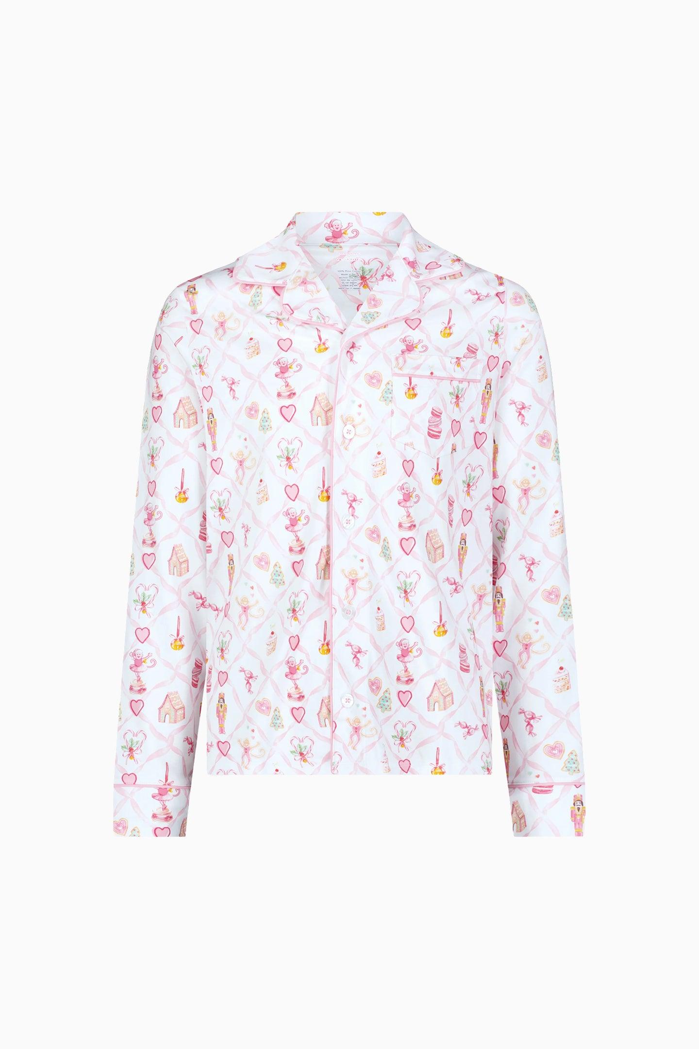 LoveShackFancy x Roller Rabbit Mens Sugarplum Lattice Long Sleeve Polo Pajamas - PINK / S Product Image