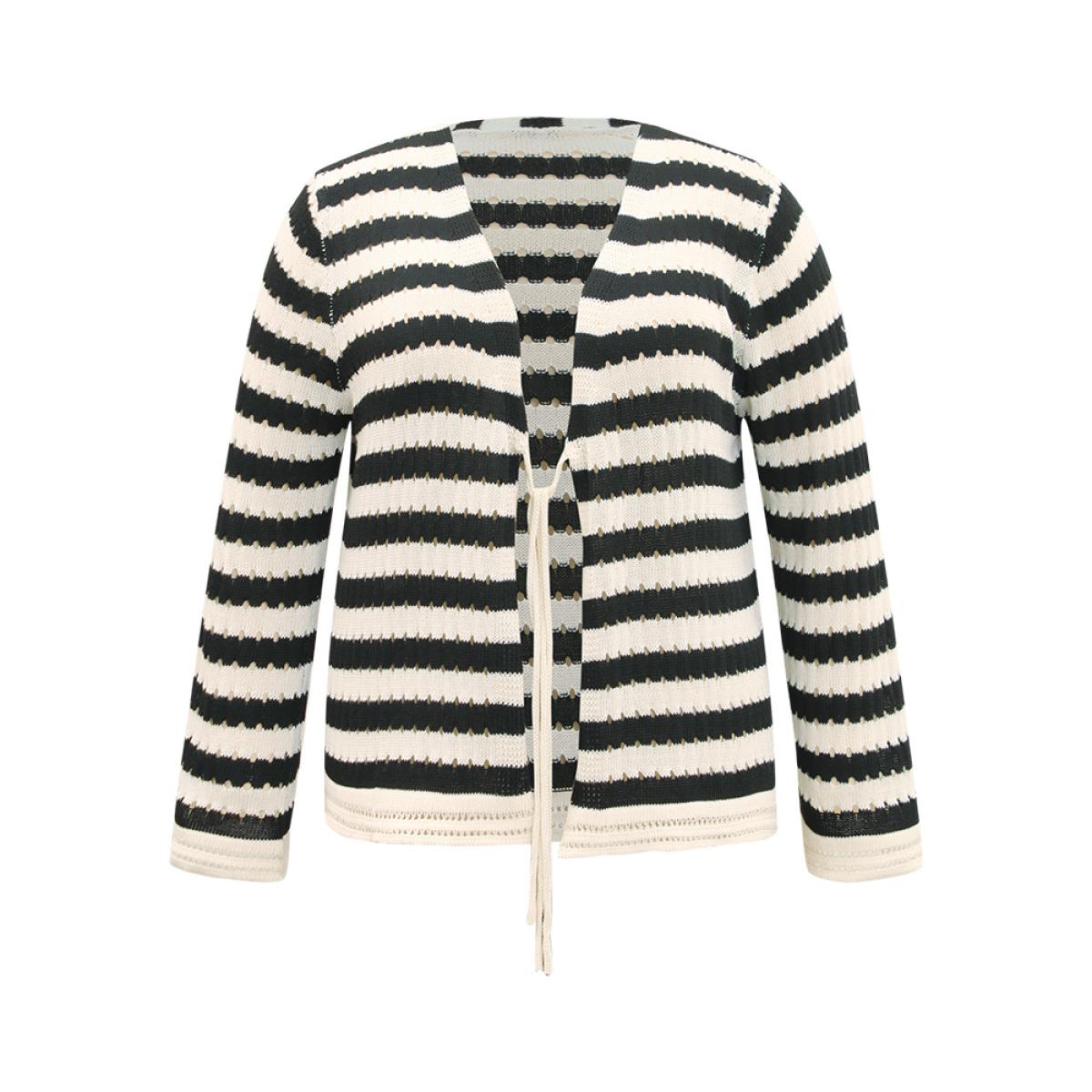 Plus Size Striped Ties Front Eyelet Lace Cardigan Black Women Casual Loose Long Sleeve Dailywear Cardigans BloomChic 26/4X Product Image