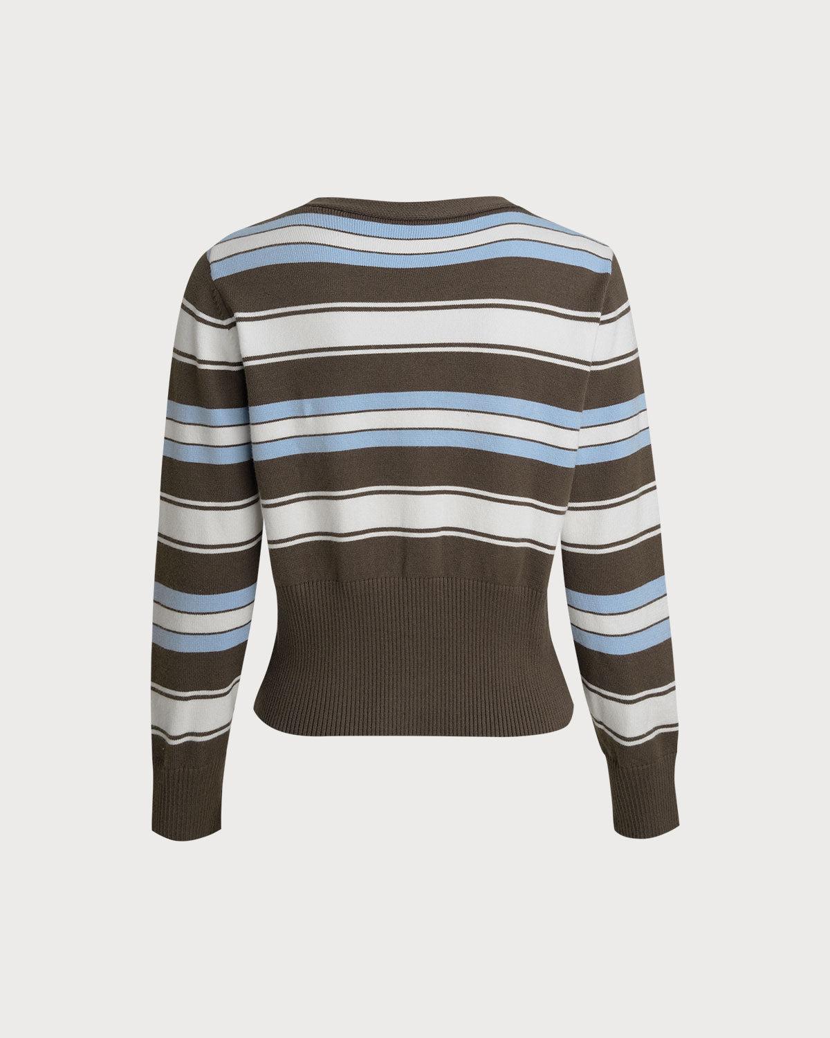 Brown Striped V Neck Knit Cardigan Product Image