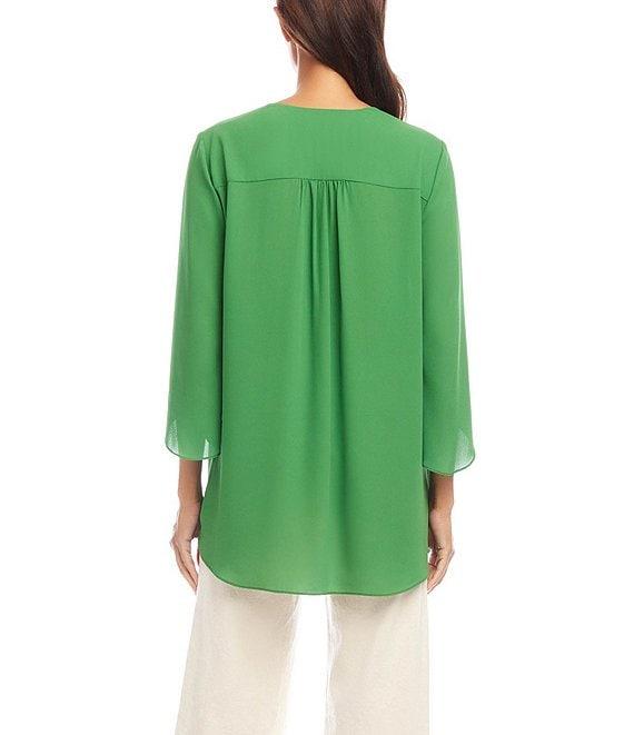 Karen Kane Silky Crepe V-Neck 3/4 Flare Sleeve Asymmetric Crossover Hem Top Product Image