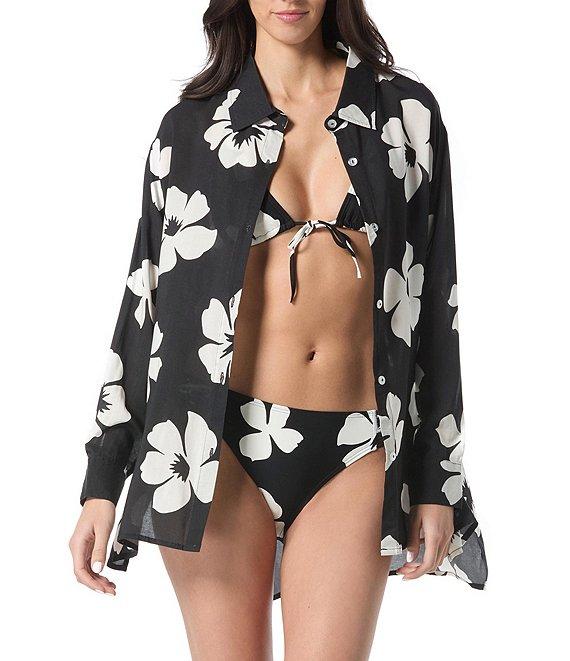 Vince Camuto Floral Collared Long Sleeve Tie Front Swim Cover-Up Shirt Product Image
