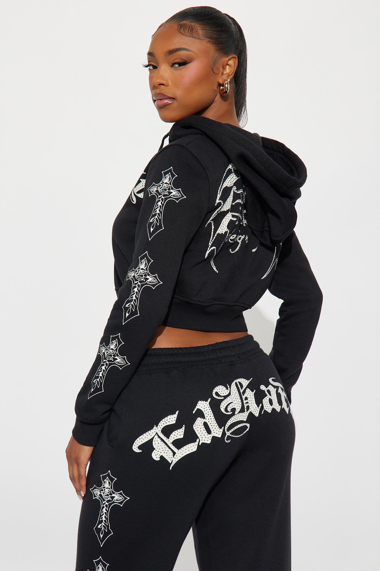 Ed Hardy Rhinestone Crosses Fleece Zip Up Hoodie - Black Female Product Image