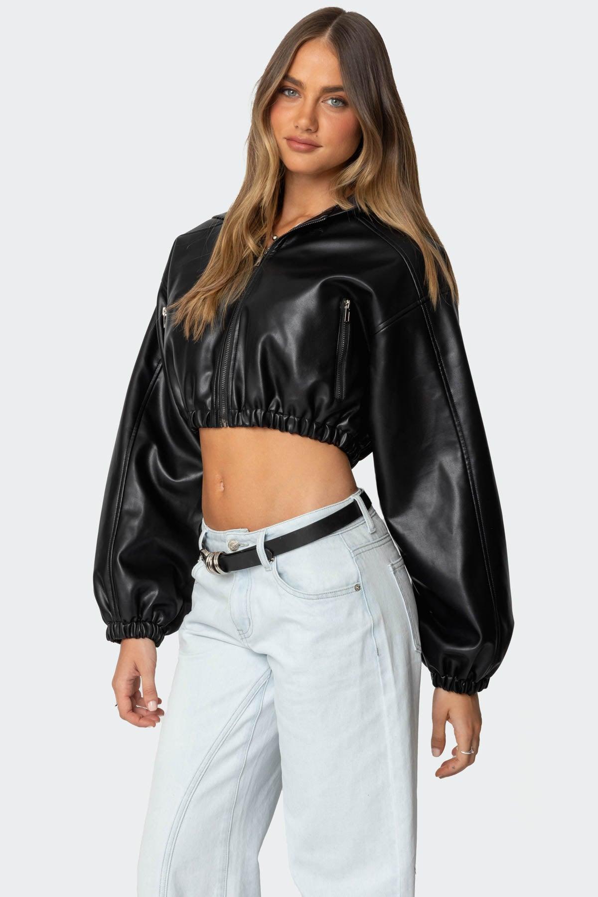 Hooded Faux Leather Cropped Jacket Product Image