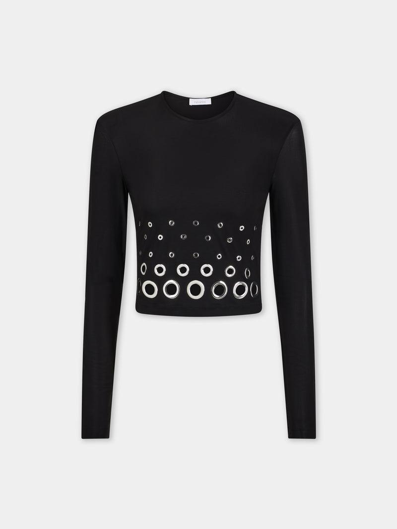 BLACK LONG SLEEVED CROP TOP IN JERSEY SECOND SKIN Product Image