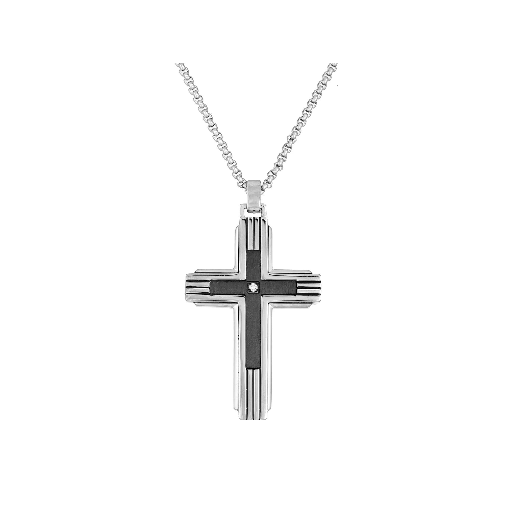 Men's LYNX Black Ion Plated-Stainless Steel Diamond Accent Cross Pendant Necklace, Size: 24", Two Tone Product Image