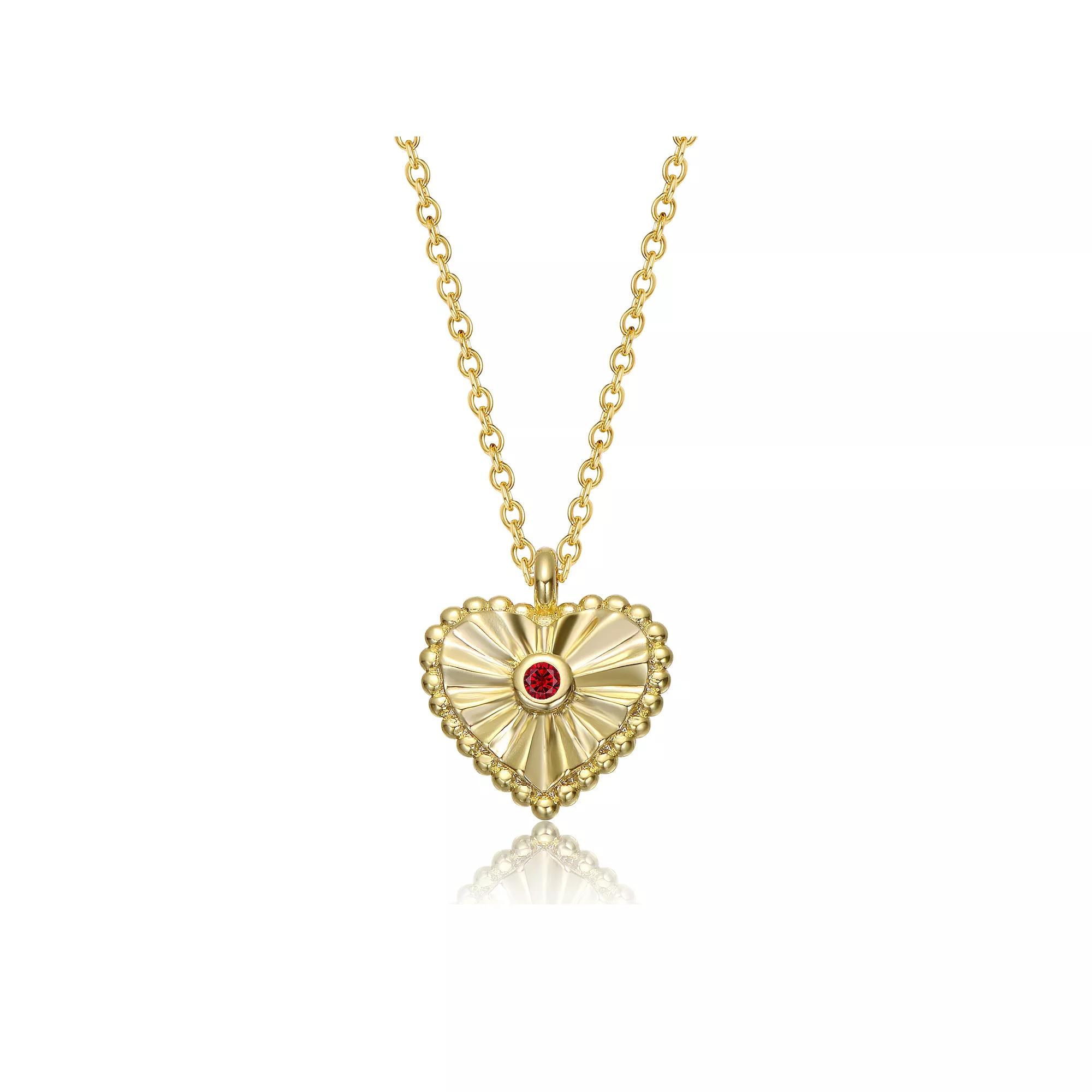 14K Gold Plated Bezel Set Cubic Zirconia Heart Pendant Necklace, Womens Gold Tone Red Product Image