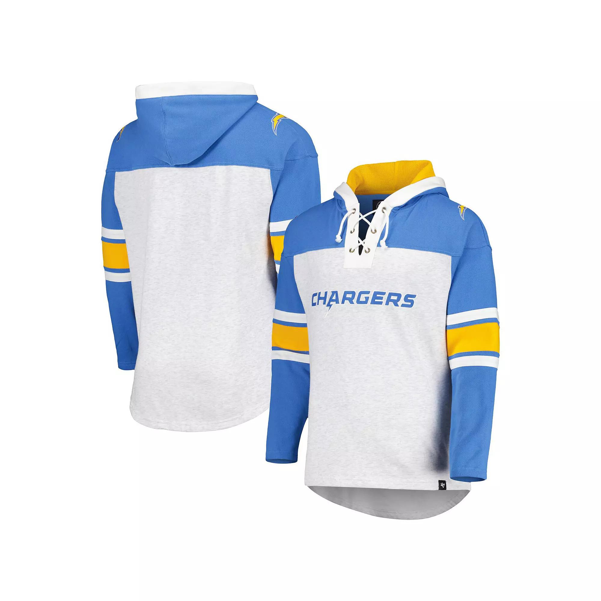 Men's '47 Los Angeles Chargers Heather Gray Gridiron Lace-Up Pullover Hoodie, Size: Medium, Grey Product Image