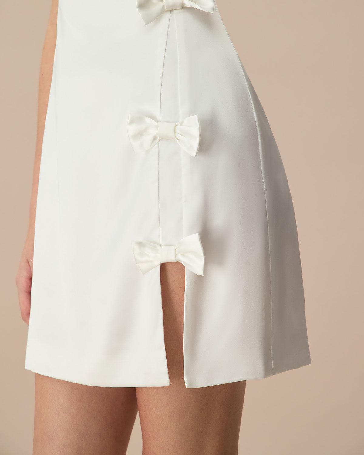 The White Boat Neck Bowknot Satin Mini Dress Product Image