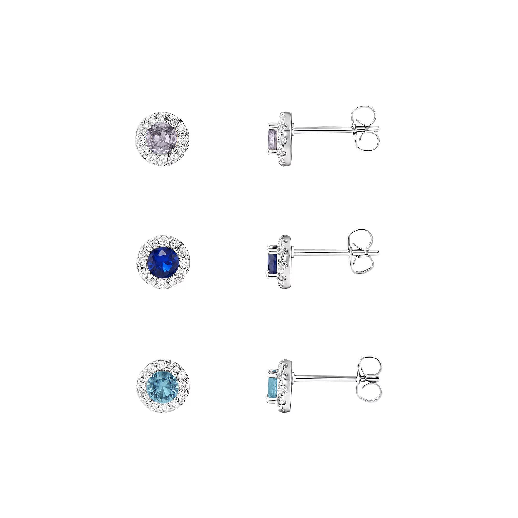 PRIMROSE Fine Silver Plated Multi Color Cubic Zirconia Gemstone Stud Earring Trio Set, Women's, Silver Tone Product Image