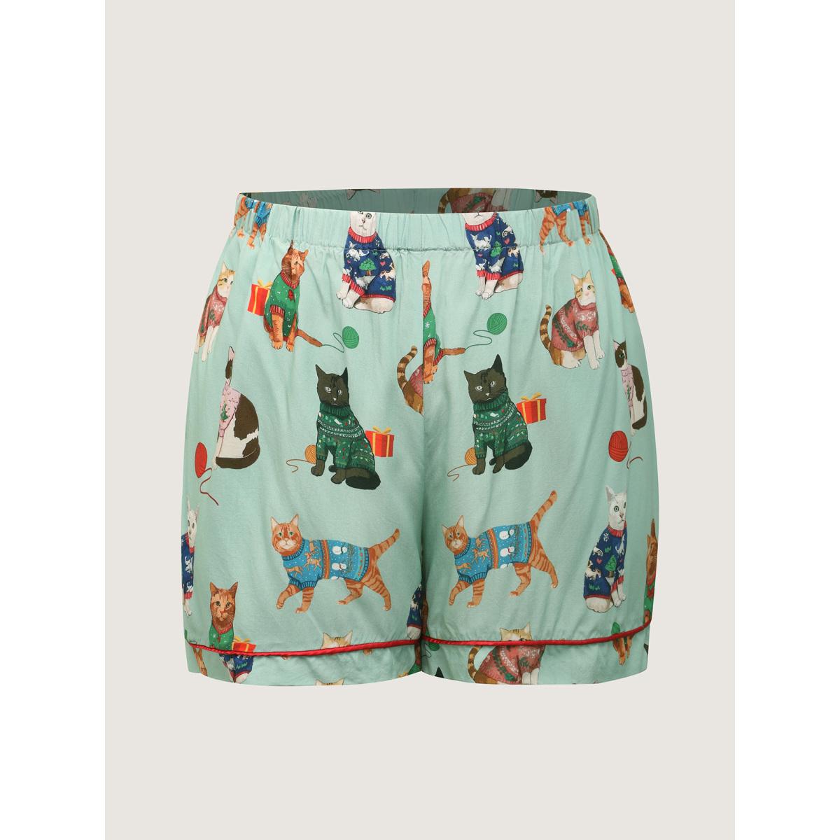 Plus Size Holiday Cats Print Color Contrast Loungewear Set Women Multicolor Christmas Short sleeve Shirt collar Playful Loungewear Sets BloomChic 28/5X Product Image