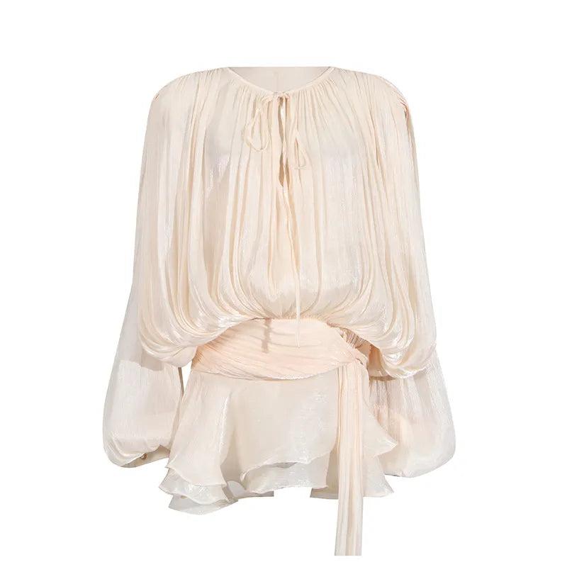 Chiffon Tie Neck Long Sleeve Mini Dress Product Image