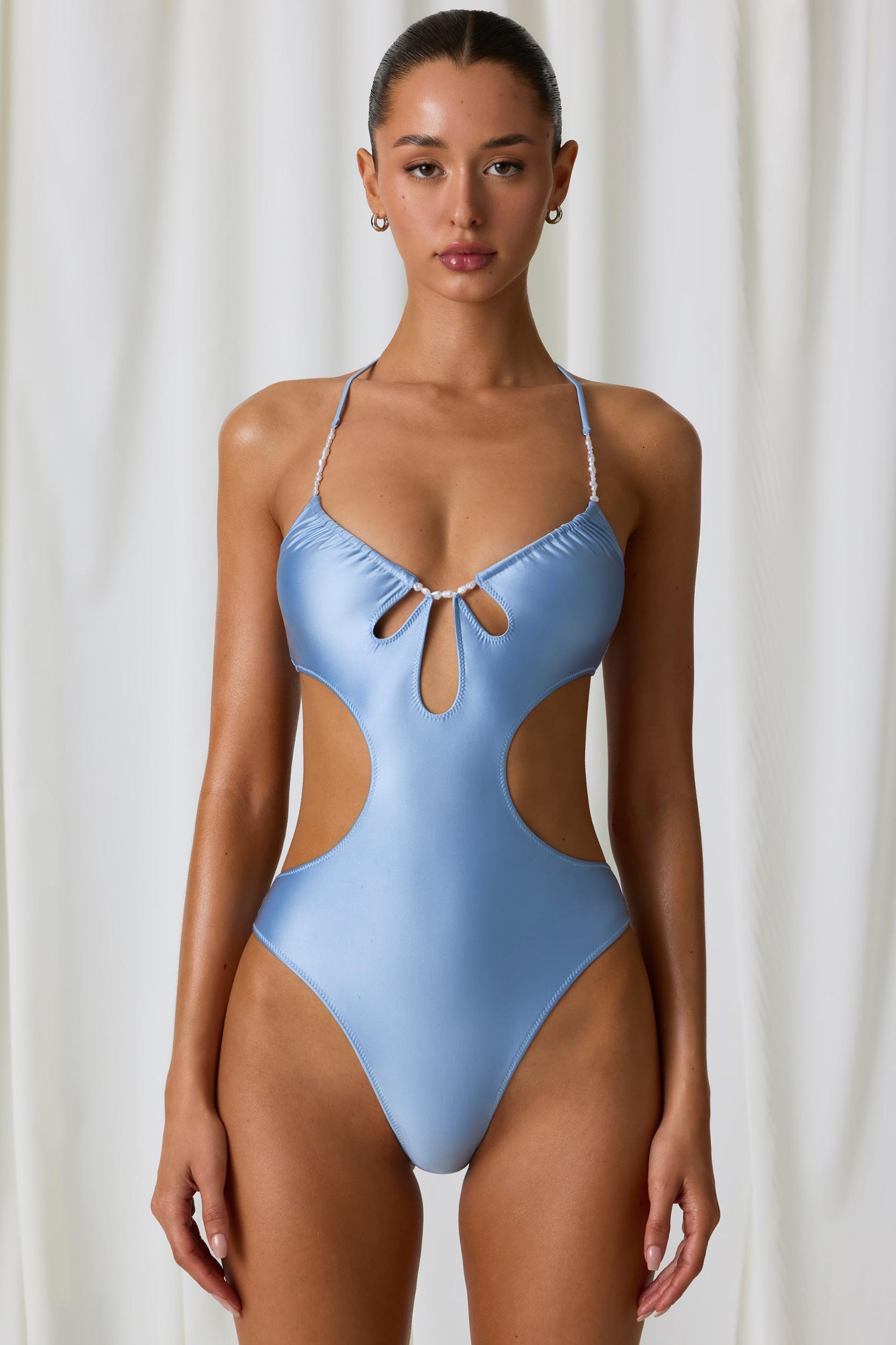 Pearl-Detail Cut-Out Halterneck Swimsuit in Sky Blue Female Product Image