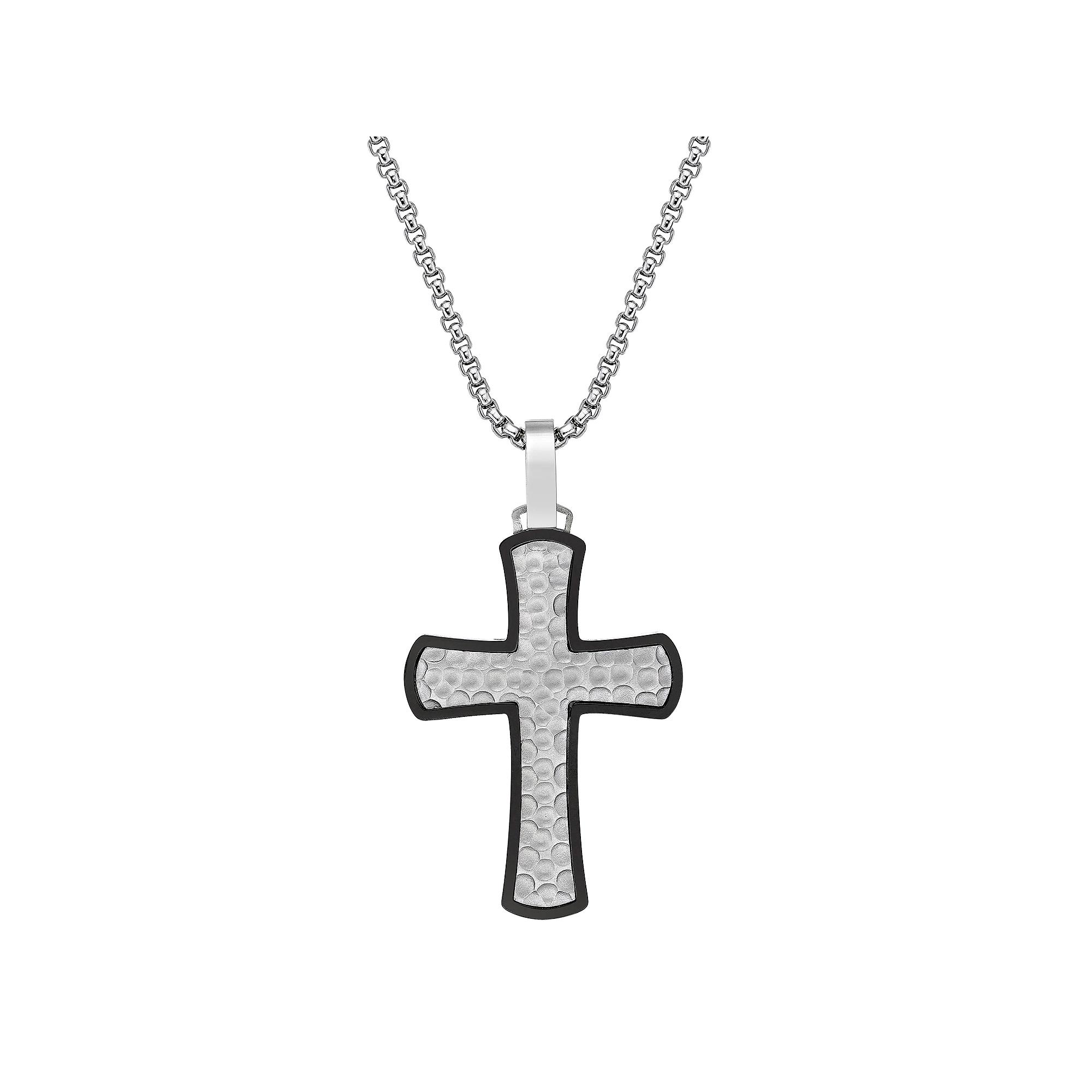 LYNX Men's Black Ion-Plated Hammered Stainless Steel Cross Pendant Necklace, Size: 24", Two Tone Product Image