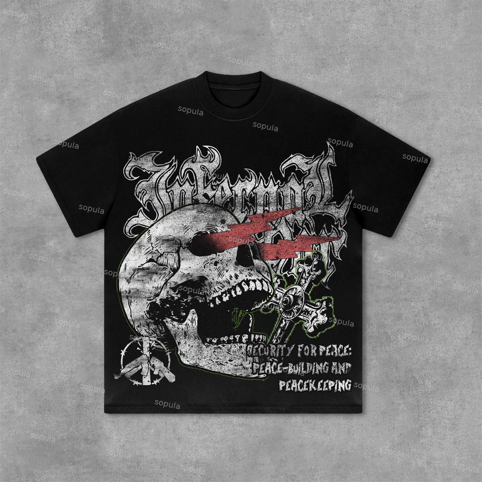 World Pacifist Anti-War Skull Print Graphics Cotton T-Shirt Product Image