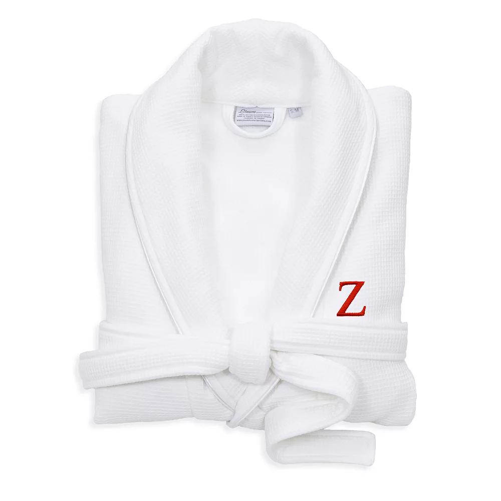 Linum Home Textiles Turkish Cotton Personalized Satin Piped Trim Waffle Terry White Bathrobe, Adult Unisex,  Product Image