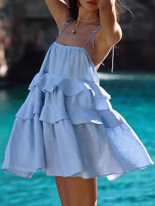 High Waisted Loose Backless Layered Pleated Solid Color Tied Spaghetti-Neck Mini Dresses Product Image
