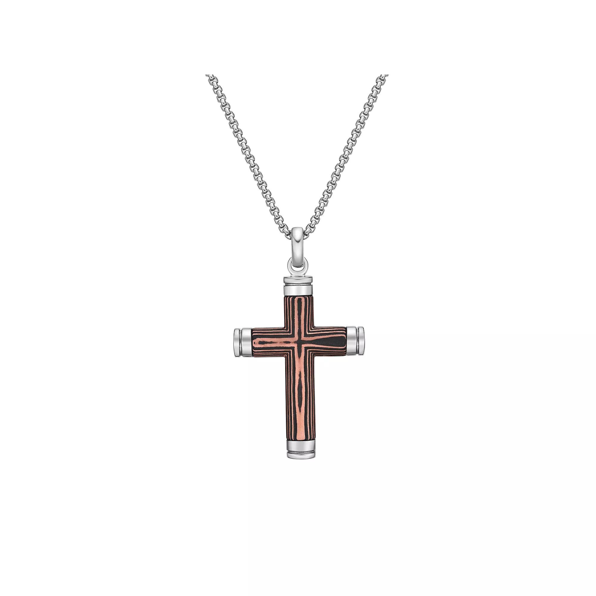 LYNX Stainless Steel Carbon Fiber & Copper Foil Black Ion-Plated Cross Pendant Men's Necklace, Size: 24" Product Image