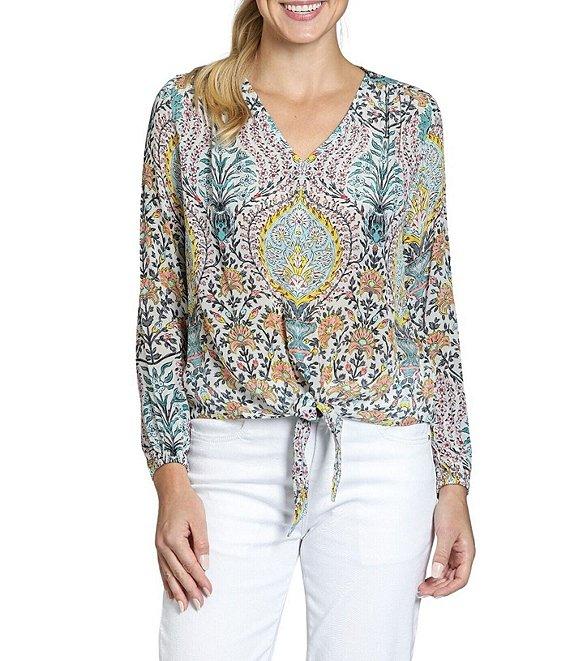 APNY Woven Printed V-Neck Long Sleeve Tie Front Top Product Image