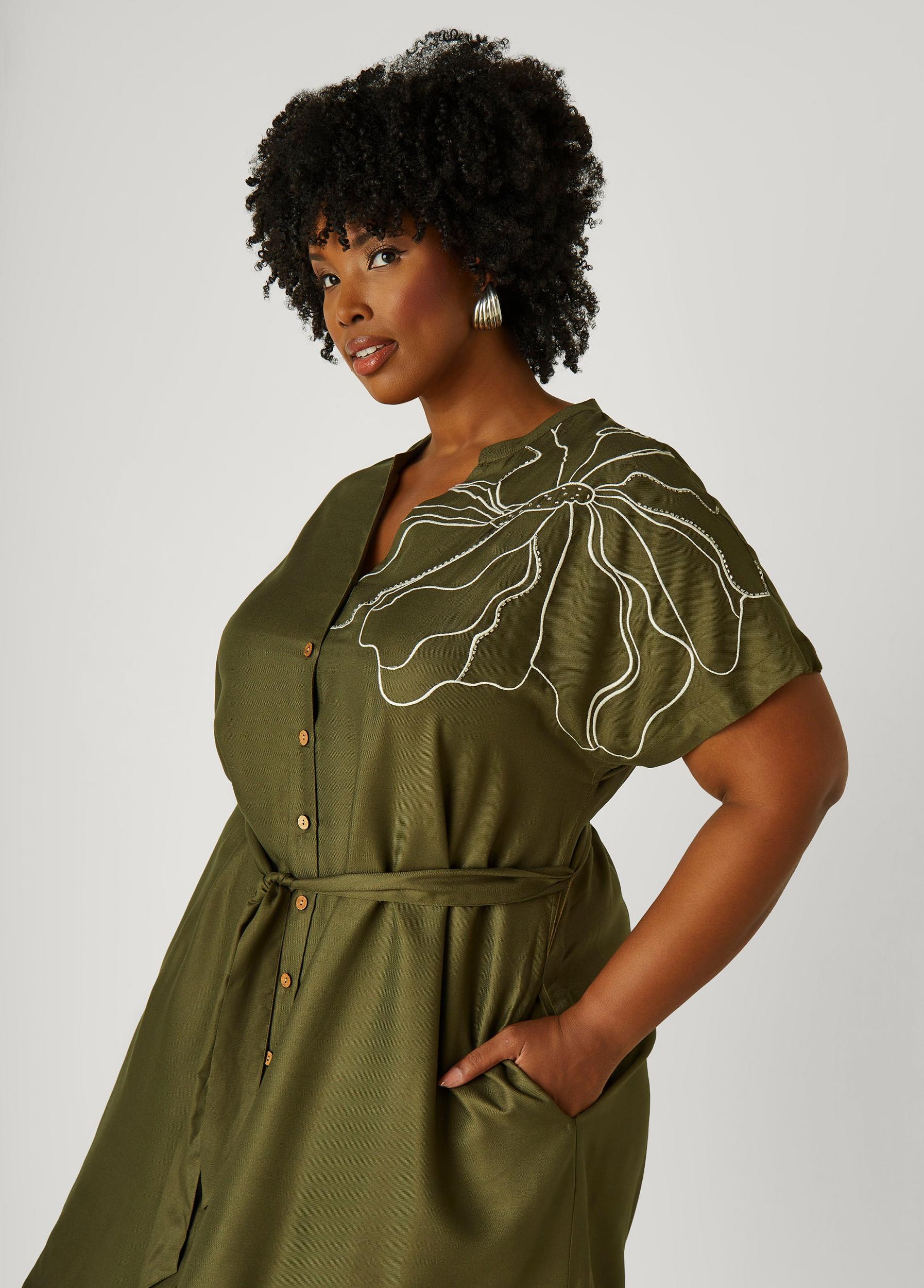 Embroidered Beaded Midi Shirtdress Product Image