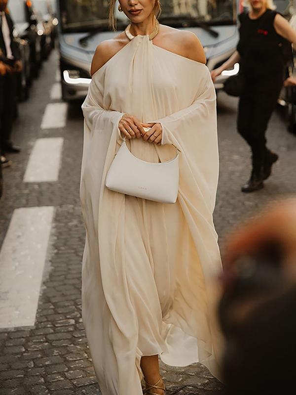 Long Sleeves Loose Solid Color Halter-Neck Maxi Dresses Product Image
