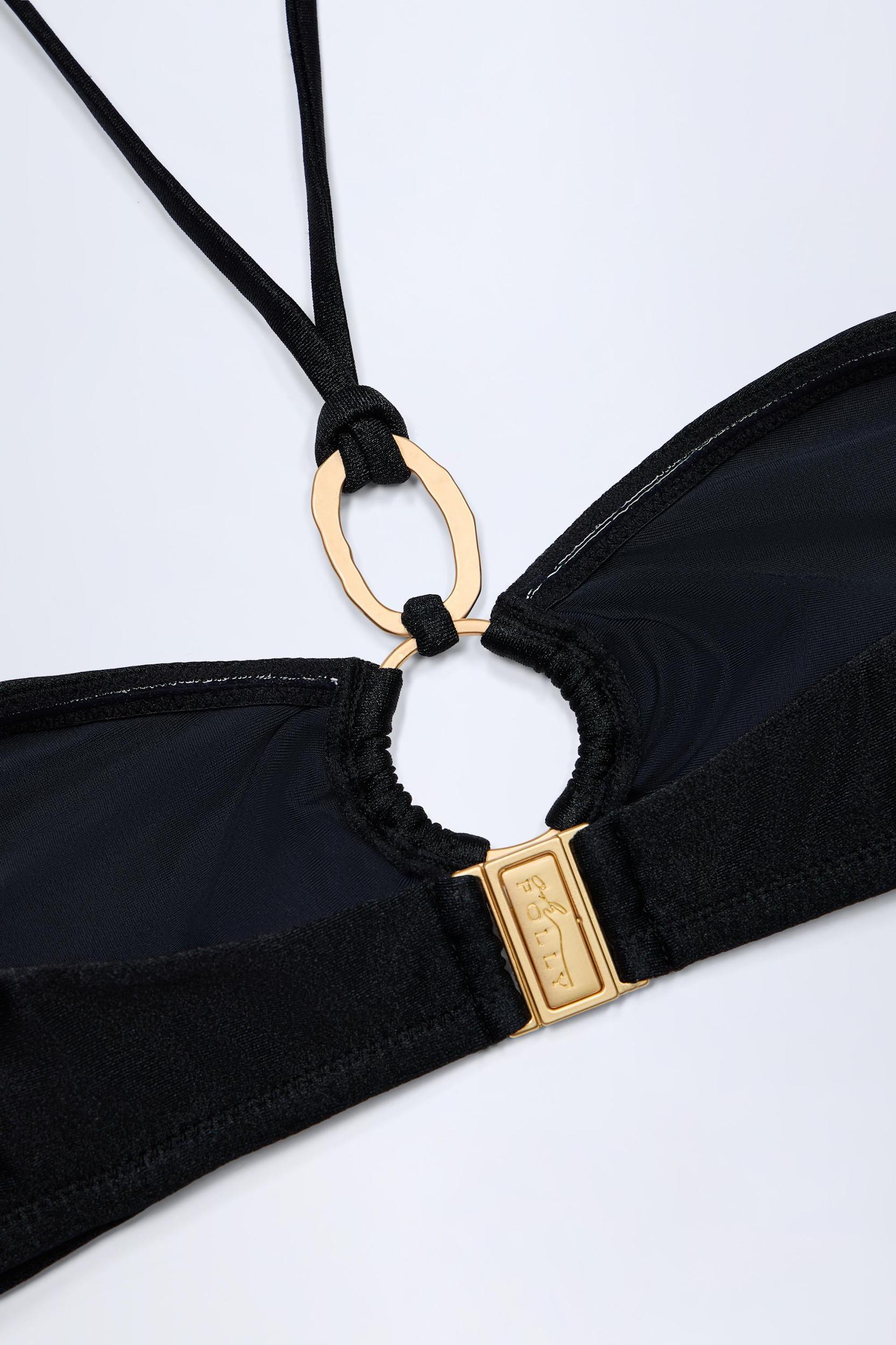 Hardware-Detail Ruched Halterneck Bikini Top in Black Product Image