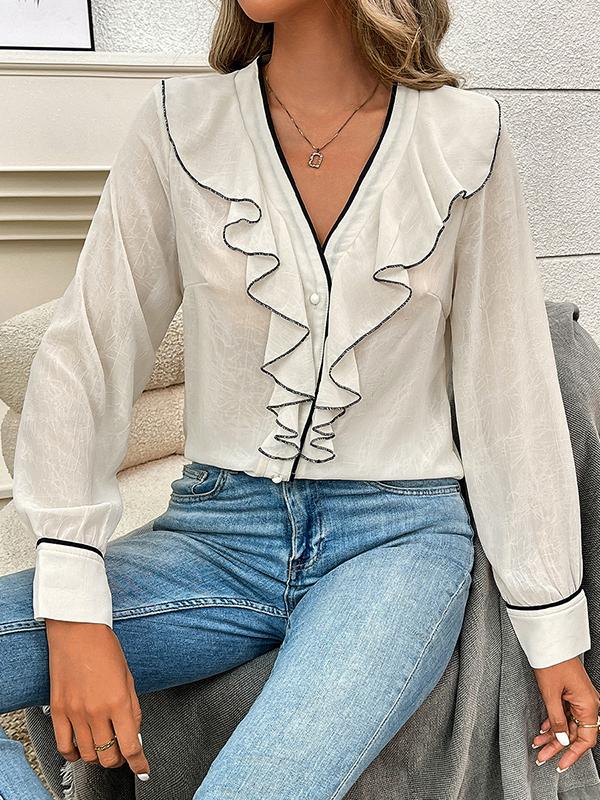Long Sleeves Loose Buttoned Ruffle Trim V-Neck Blouses&Shirts Tops Product Image