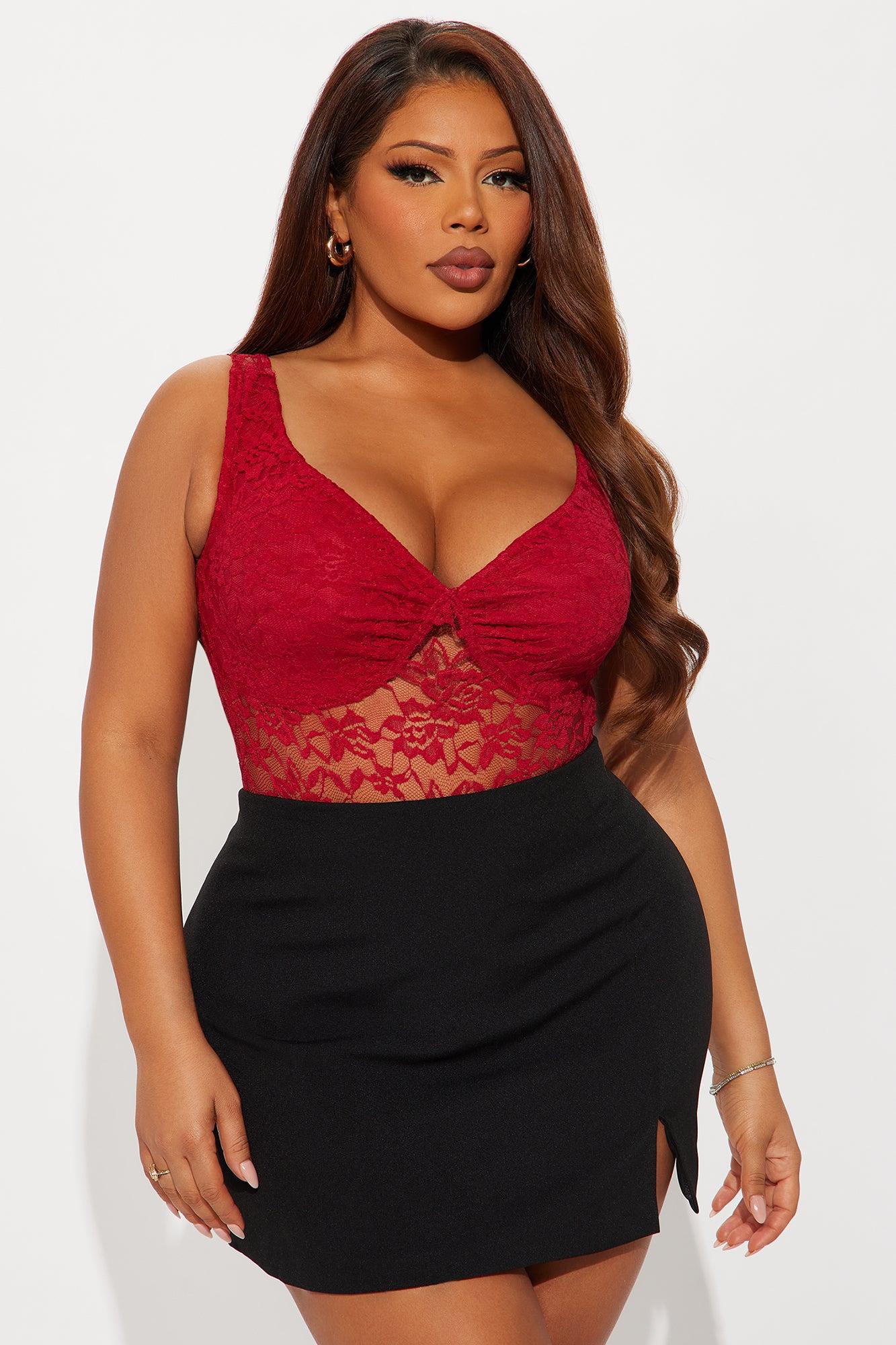 Tiria Sheer Lace Bodysuit - Red Female Product Image