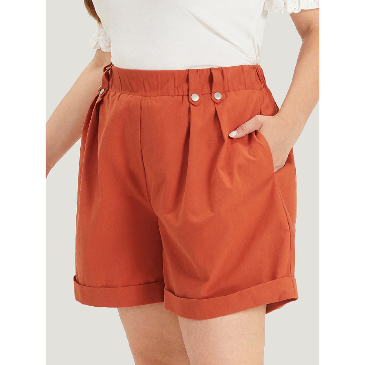 Plus Size Solid Pocket Pleated Roll Hem Button Detail Shorts Women Rust Elegant Plain Dailywear Shorts BloomChic 22-24/3X Product Image