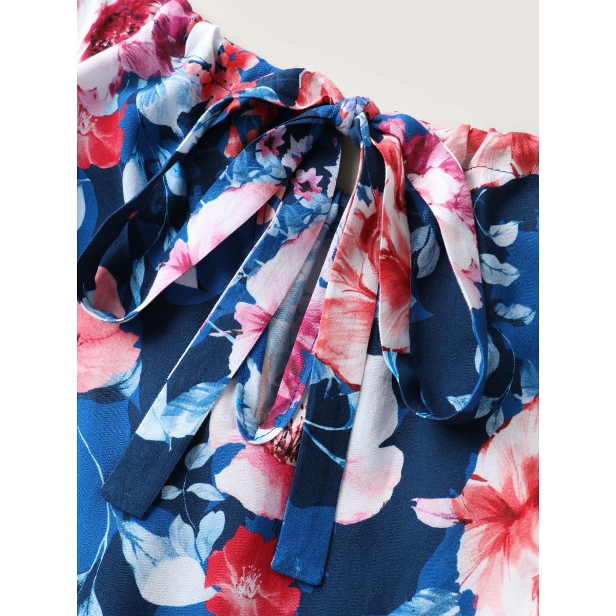 Plus Size Floral Stretchy-Waist Belted Midi Dress Indigo Women Round Neck Sleeveless Curvy BloomChic 28/5X Product Image