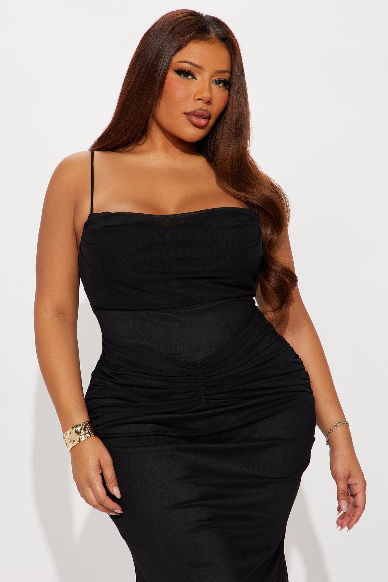 Evening Of Romance Solid Mesh Midi Dress - Black Female Product Image