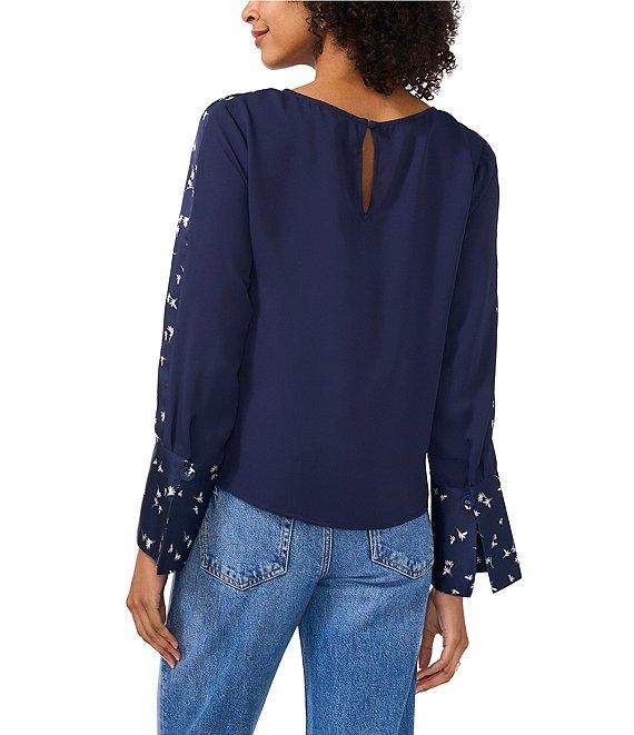 Vince Camuto Crew Neck Long Floral Sleeve Split Button Cuff Blouse Product Image
