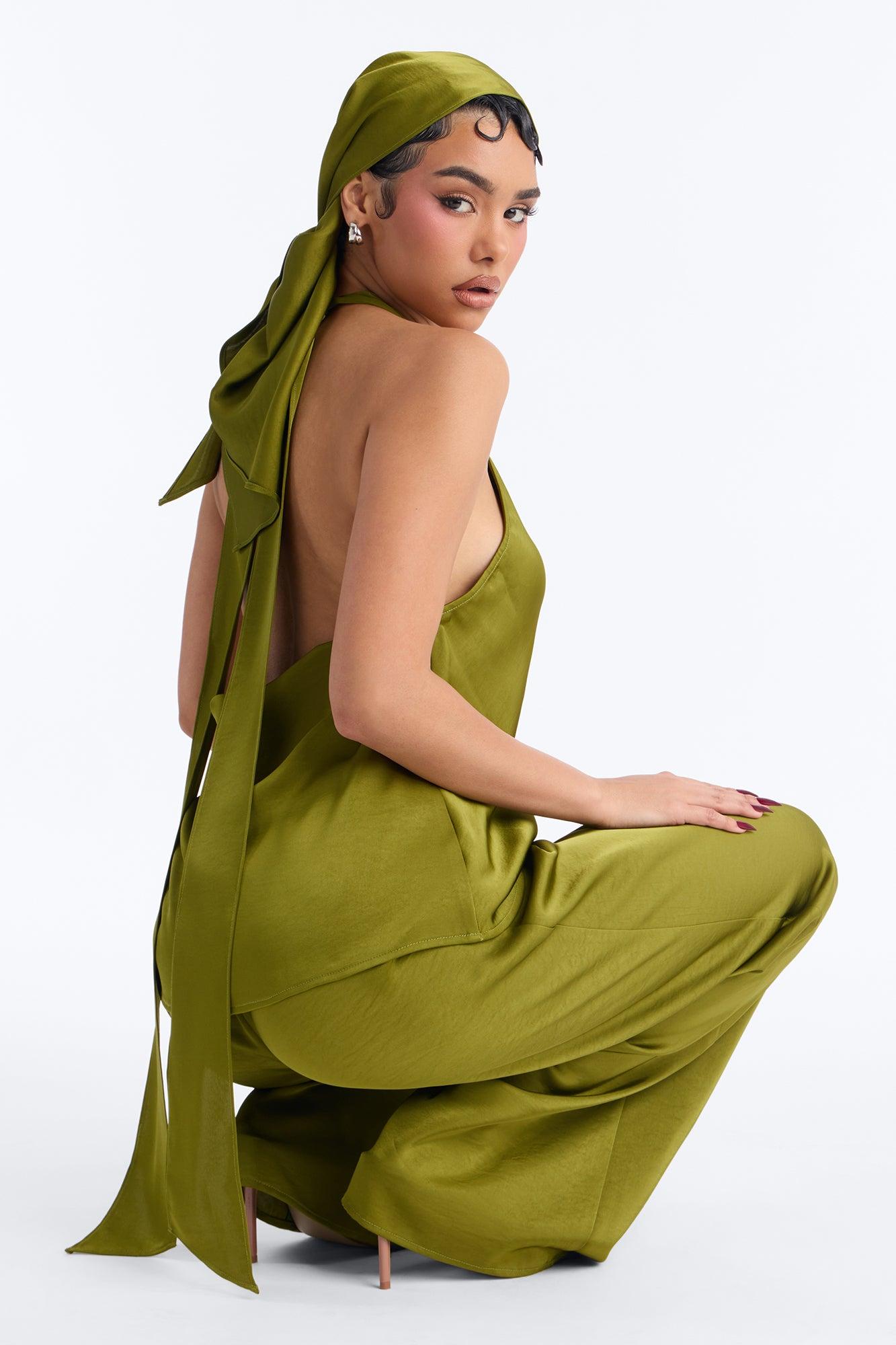 Eve Satin Halter 3 Piece Pant Set - Green Female Product Image