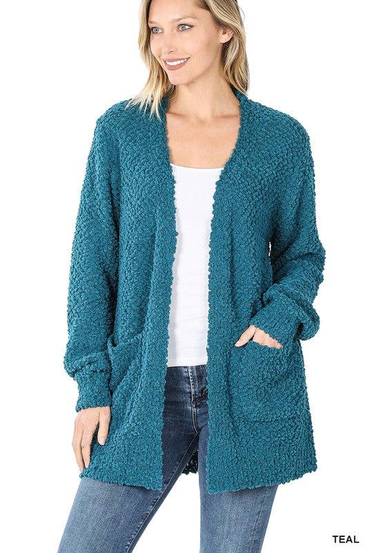 Puff Sleeve Popcorn Cardigan With Pockets Product Image