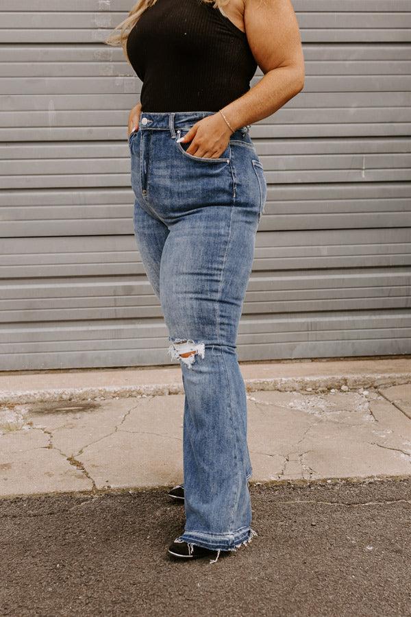 Risen The Sequoia High Waist Distressed Flare in Dark Wash Curves Product Image