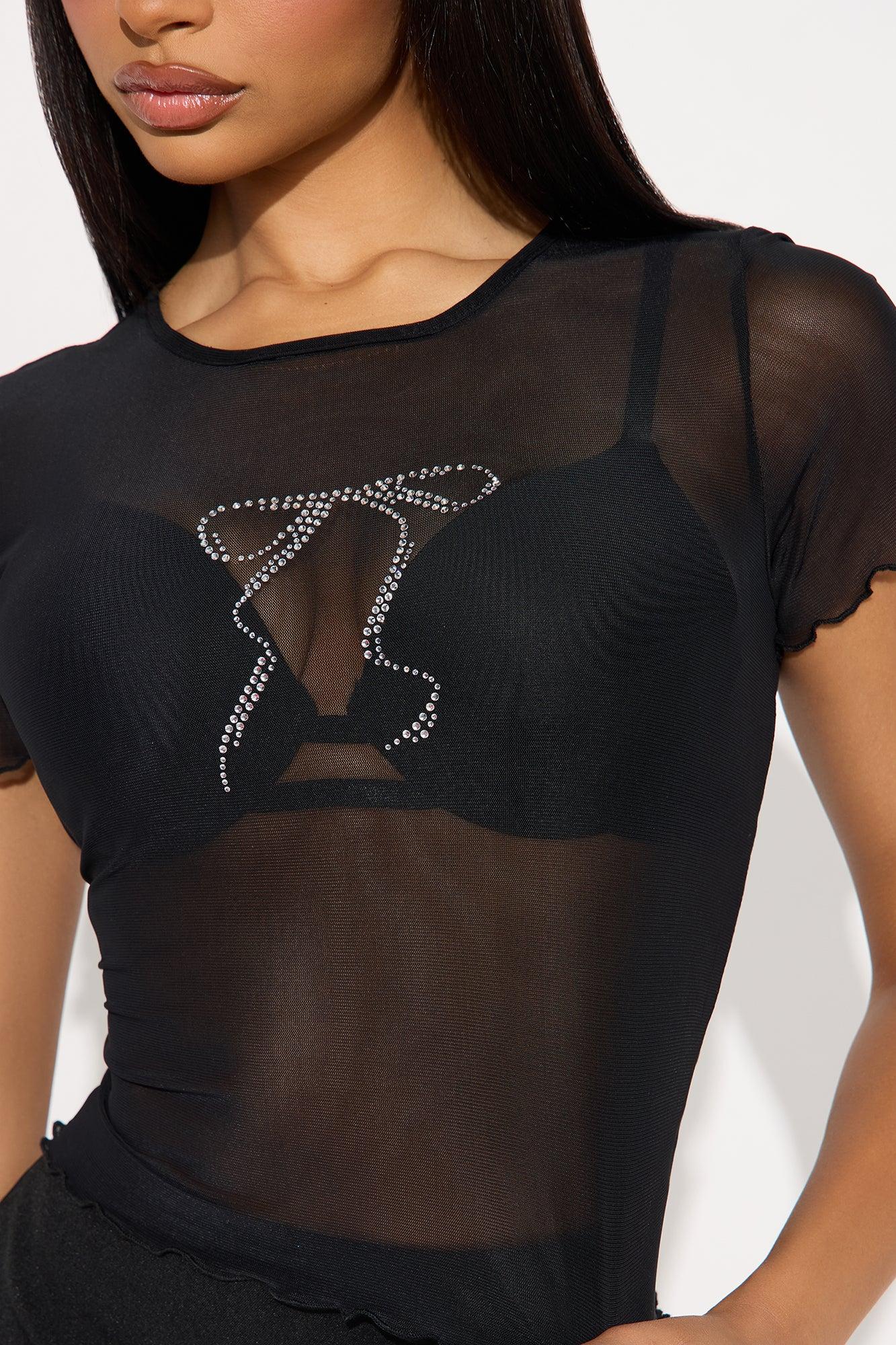 Girly Rhinestone Bow Mesh Tee - Black Female Product Image