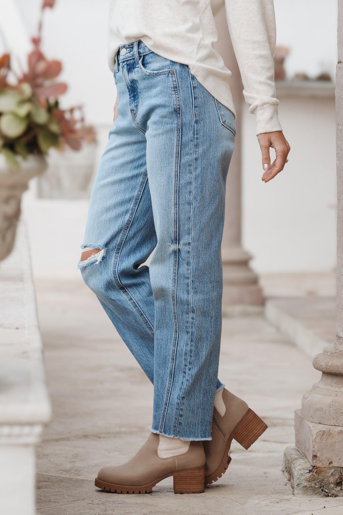 Medium Stone Wash Distressed 90's Boyfriend Jeans - FINAL SALE Product Image