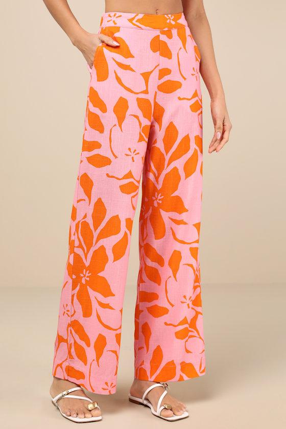 Bora Bora Pink Floral Linen Wide-Leg Pants Product Image