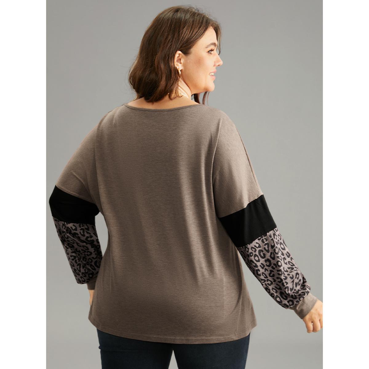 Plus Size Leopard Patchwork Contrast Dolman Sleeve T-shirt LightBrown Women Casual Contrast Leopard V-neck Dailywear T-shirts BloomChic 12/L Product Image
