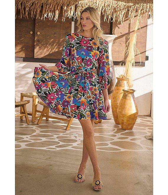 Sugarlips Santa Elena Floral Print Crew Neck 3/4 Balloon Sleeve Mini Dress Product Image
