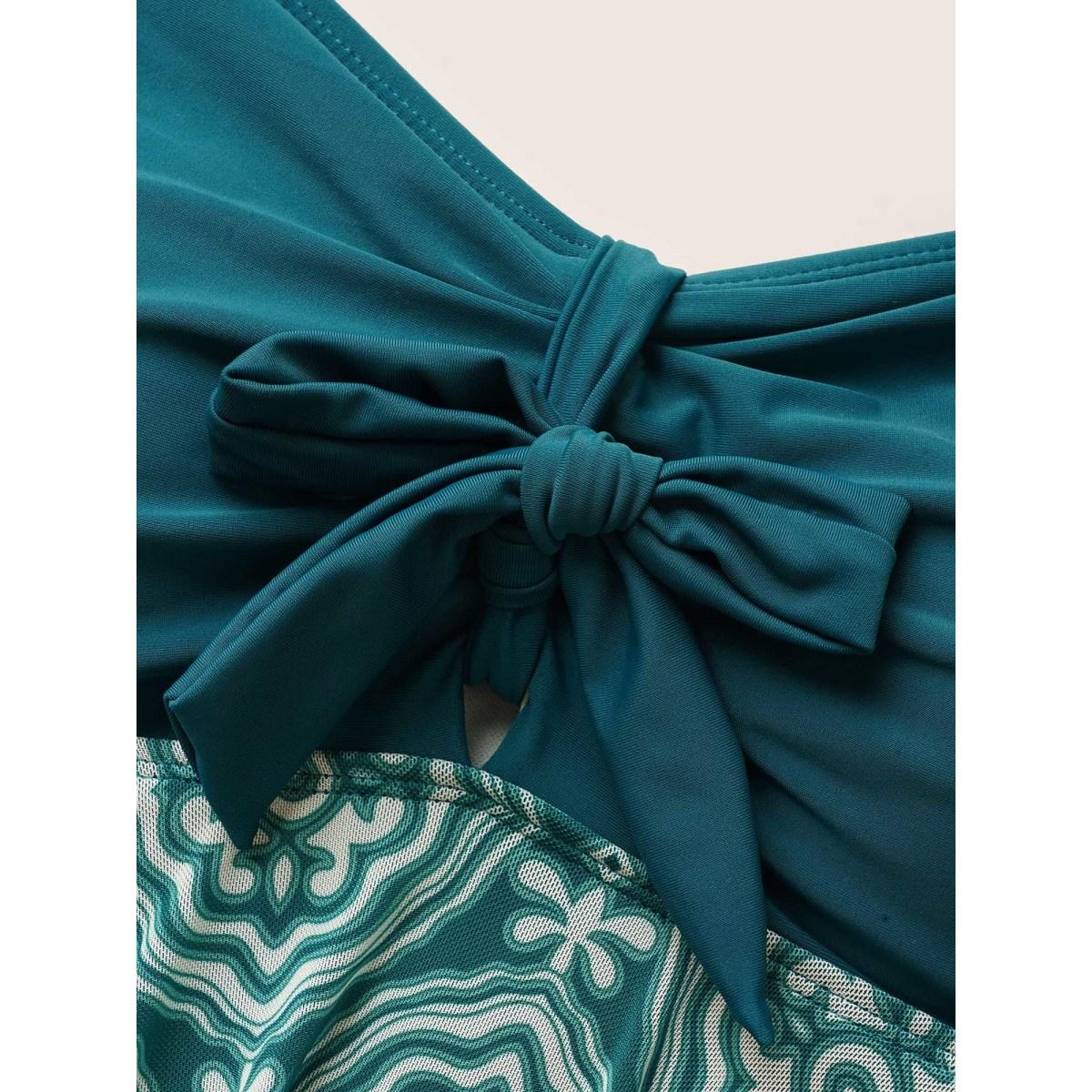 Plus Size Boho Print Patchwork Tie Knot Gathered Swim Dress Women's Swimwear DarkGreen Beach Bodycon Heart neckline High stretch Curve Swim Dresses BloomChic 10/M Product Image