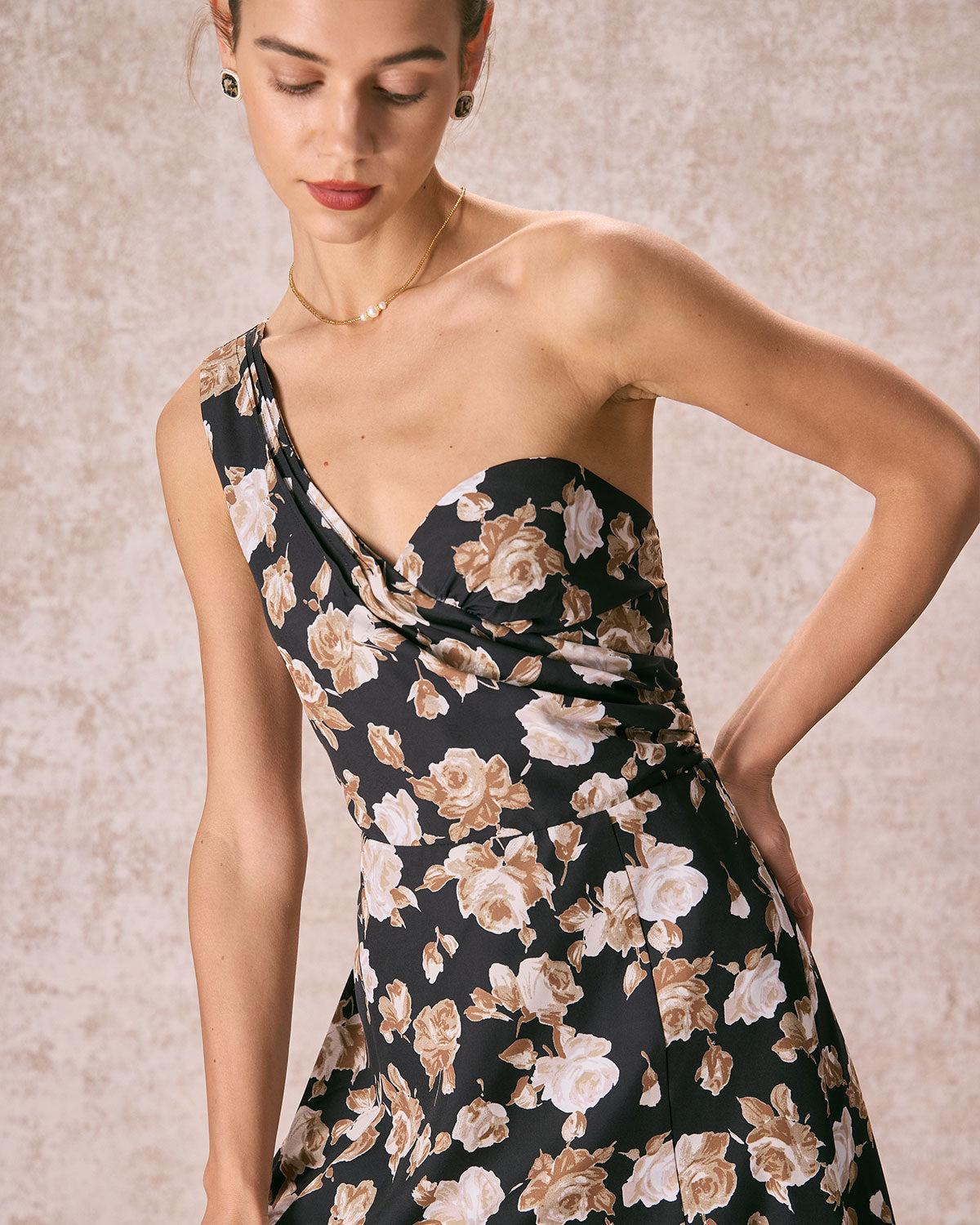 The Black One Shoulder Floral Maxi Dress Product Image