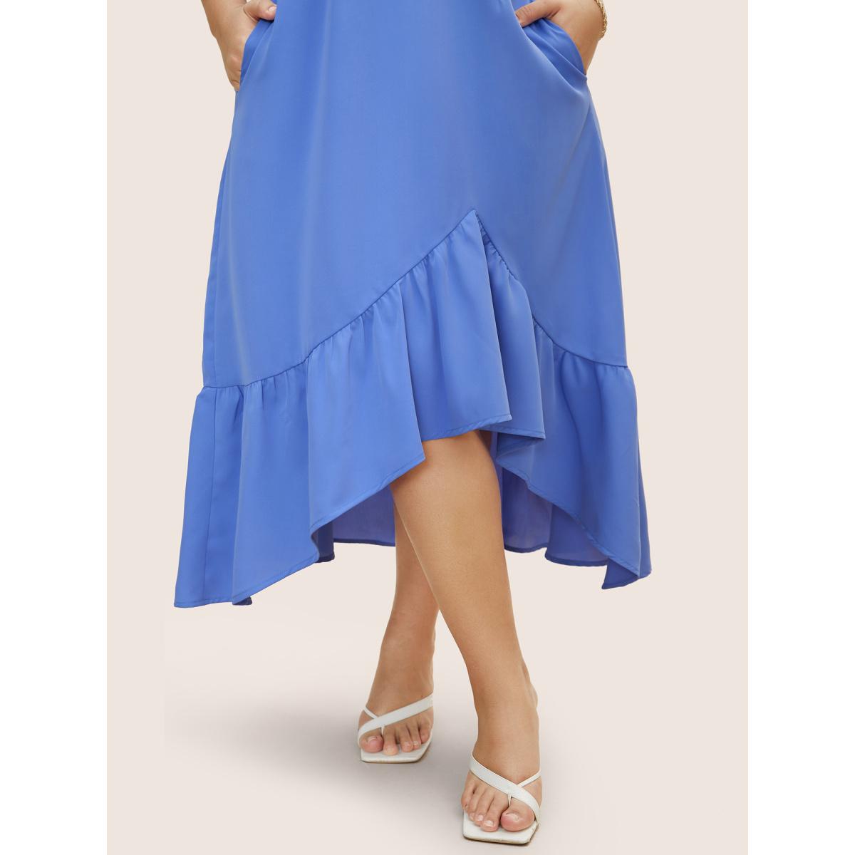 Plus Size Solid Patchwork Ruffle Hem Midi Dress Skyblue Women Elegant Ruffles V-neck Sleeveless Curvy BloomChic 14-16/1X Product Image