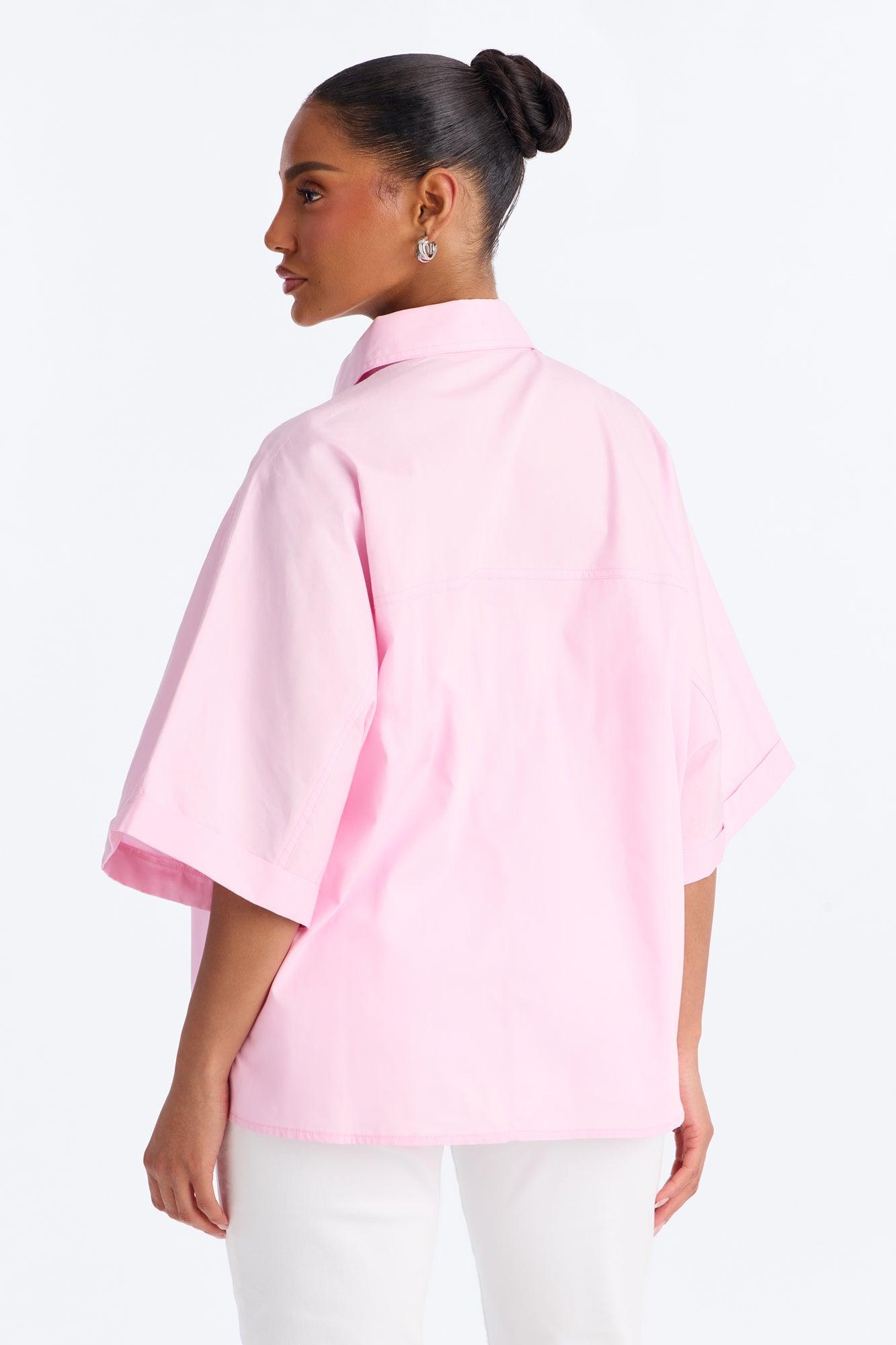 Sancie Oversized Poplin Button Up Shirt - Pink Female Product Image