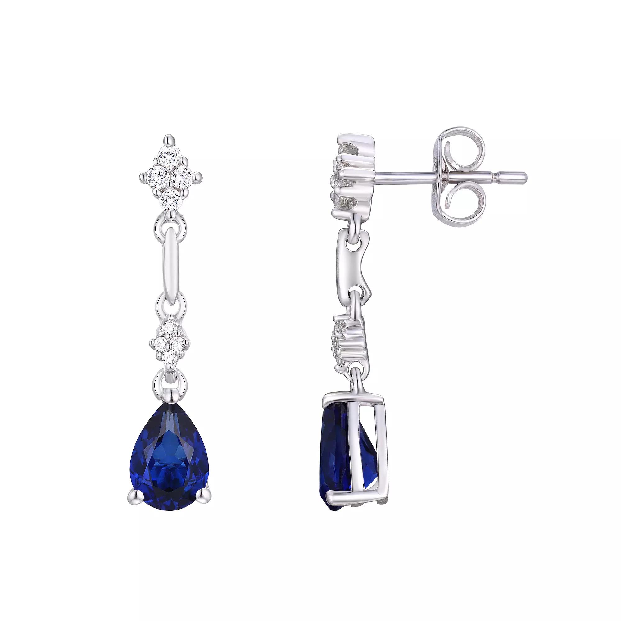 Rhodium Over Sterling Silver Gemstone With Lab-Created White Sapphire Accents Drop Post Dangle Earrings, Women's, Created Blue Blue Product Image