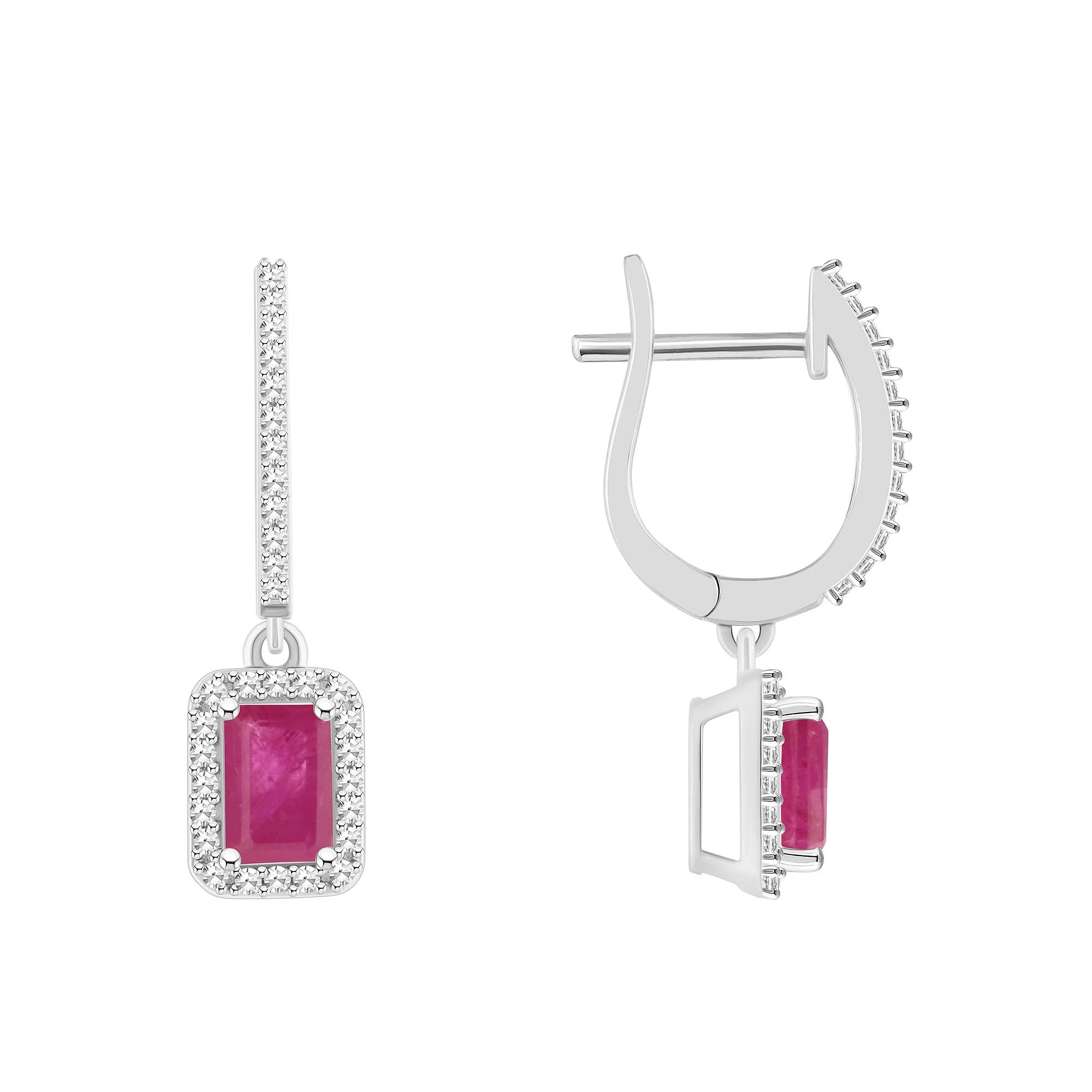 Celebration Gems Sterling Silver Emerald-Cut Ruby & 1/3 Carat T.W. Diamond Hoop Drop Earrings, Women's Product Image
